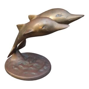Vintage MCM solid brass metal double jumping dolphin statue